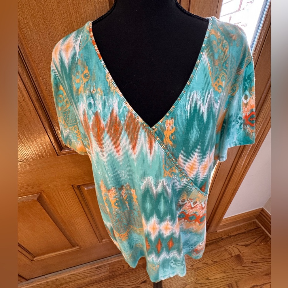 Ruby Rd. Aqua and Orange Patterned Blouse - Picture 2 of 4